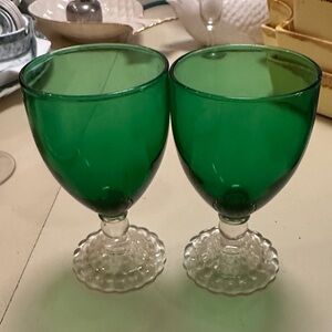 Antique Green Glass Goblets with Clear Bubble Stems (Pair)